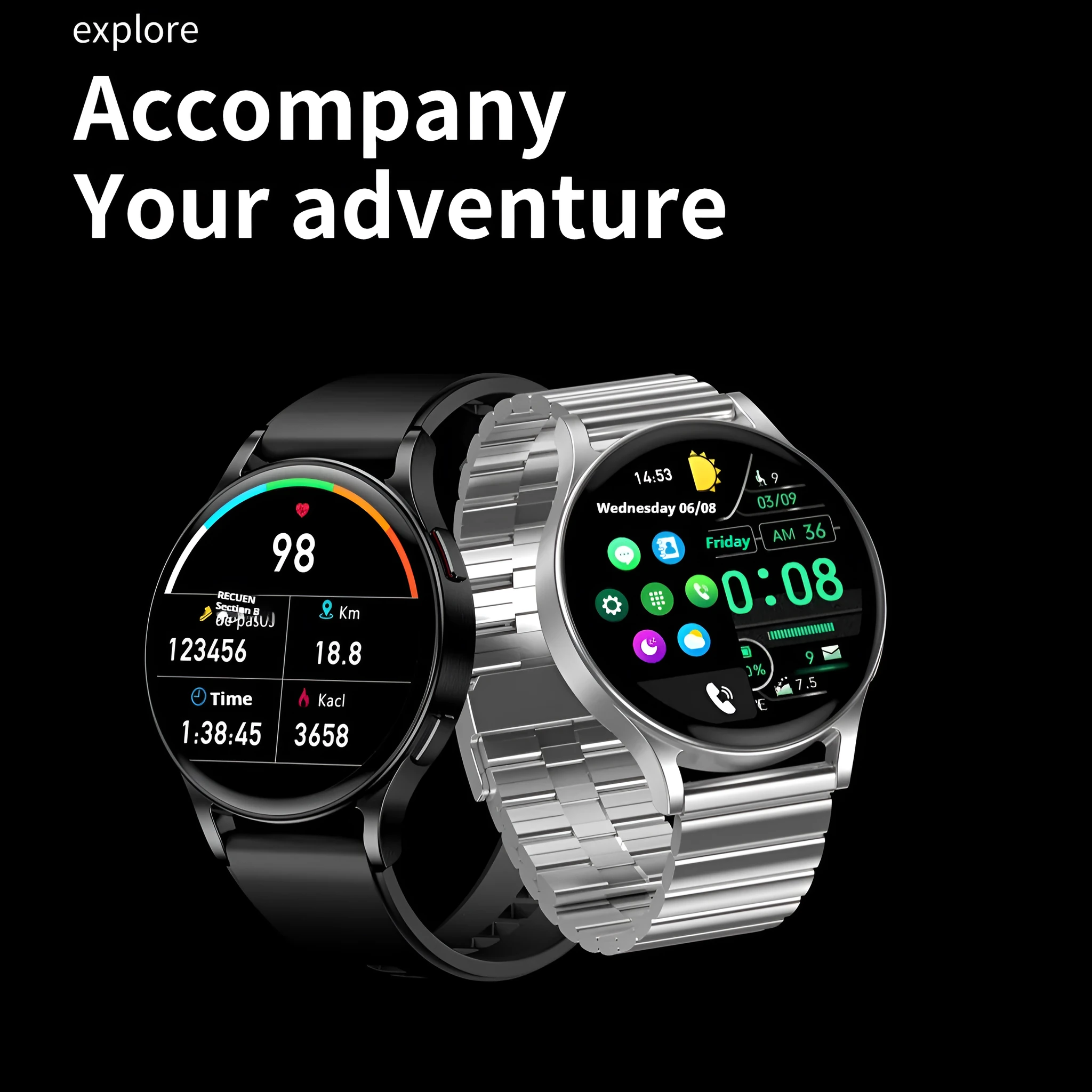 SmartWatch with white background dial and multiple strap colour options steel belt black and silver