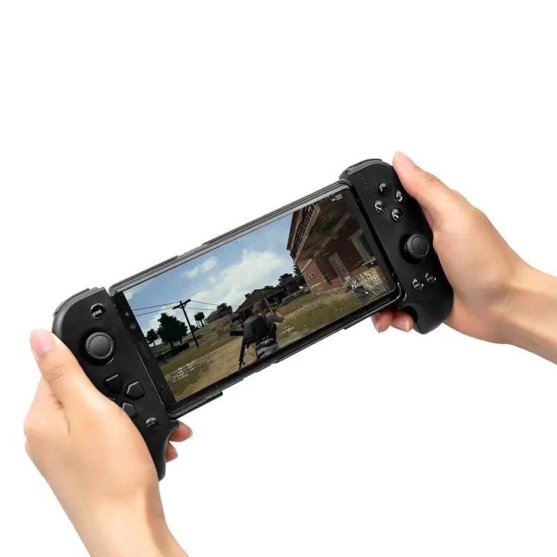 Cytec black wireless Bluetooth game controller with telescopic handle holding a mobile phone.