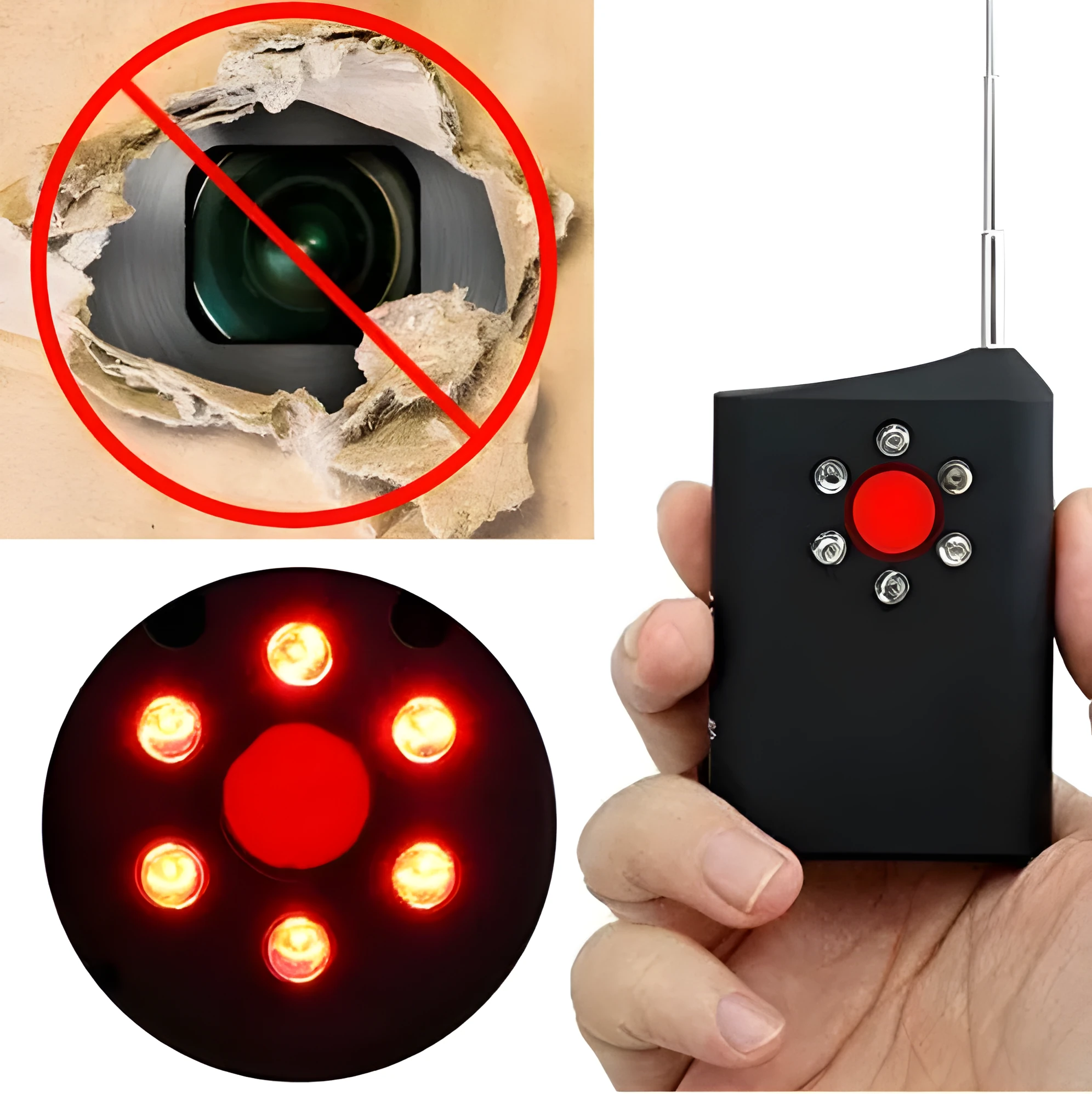 Anti-spy hidden camera signal detector black with antenna and LED indicator