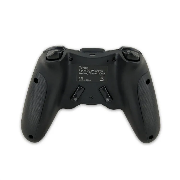 Black wireless Bluetooth game controller for Android iOS PC, 17.5 cm long, on light background