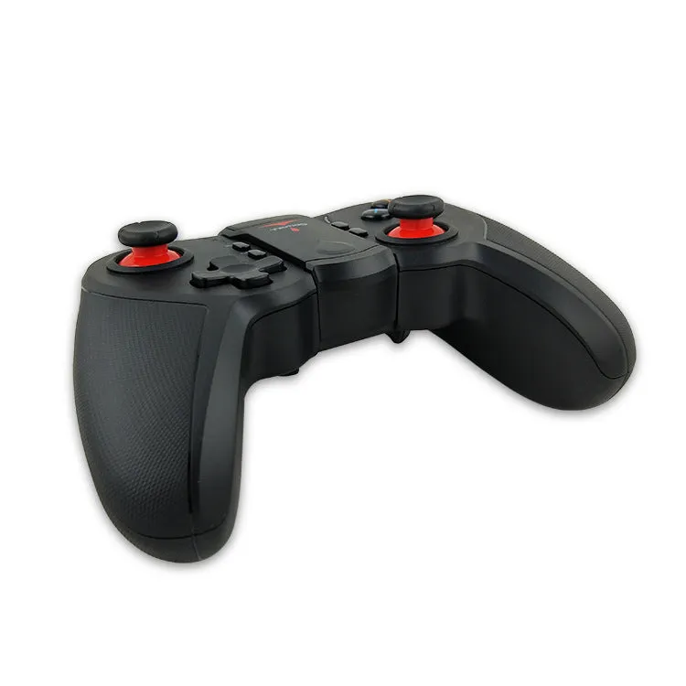 Black wireless Bluetooth game controller for Android iOS PC, 17.5 cm long, on light background