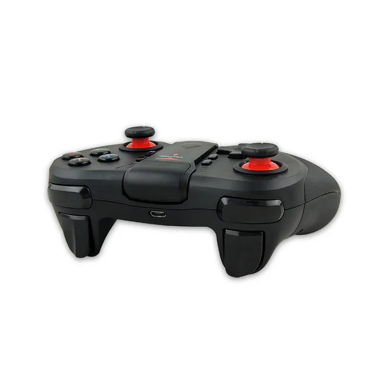 Black wireless Bluetooth game controller for Android iOS PC, 17.5 cm long, on light background