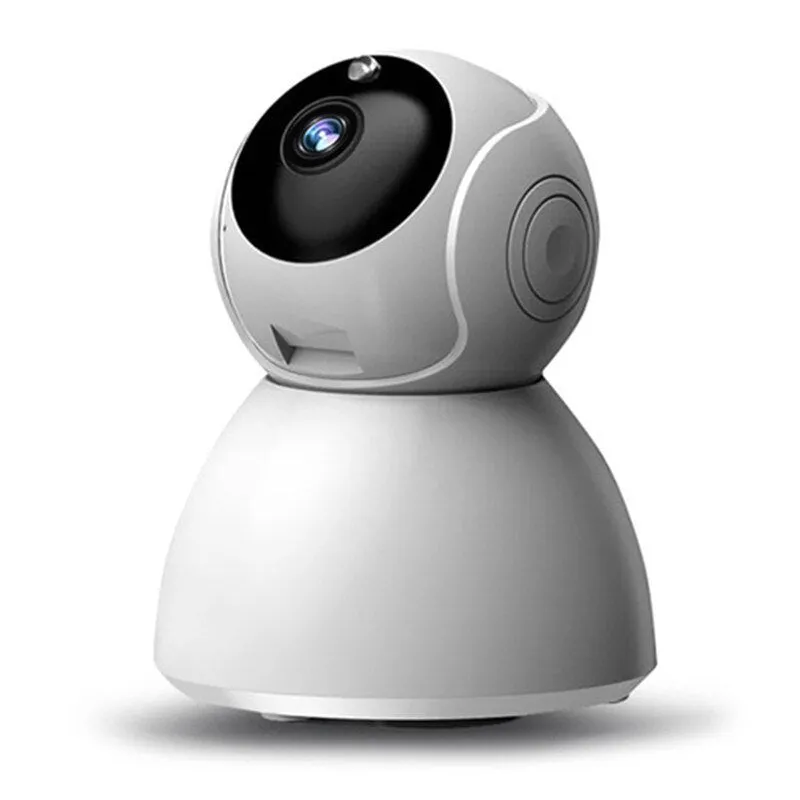 White wireless indoor security camera with 1080P HD resolution and hemispherical design on white background