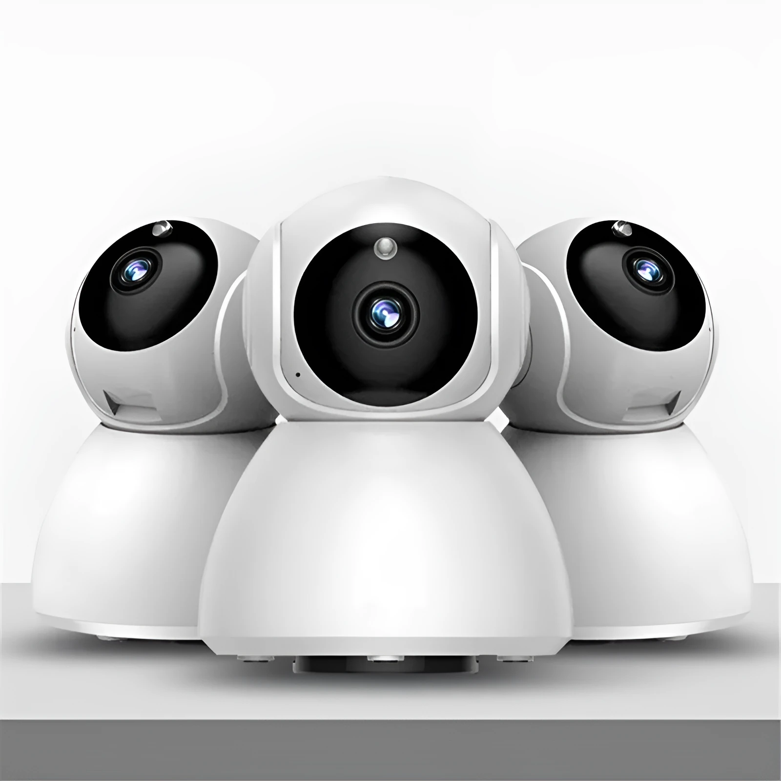 White wireless indoor security camera with 1080P HD resolution and hemispherical design on white background