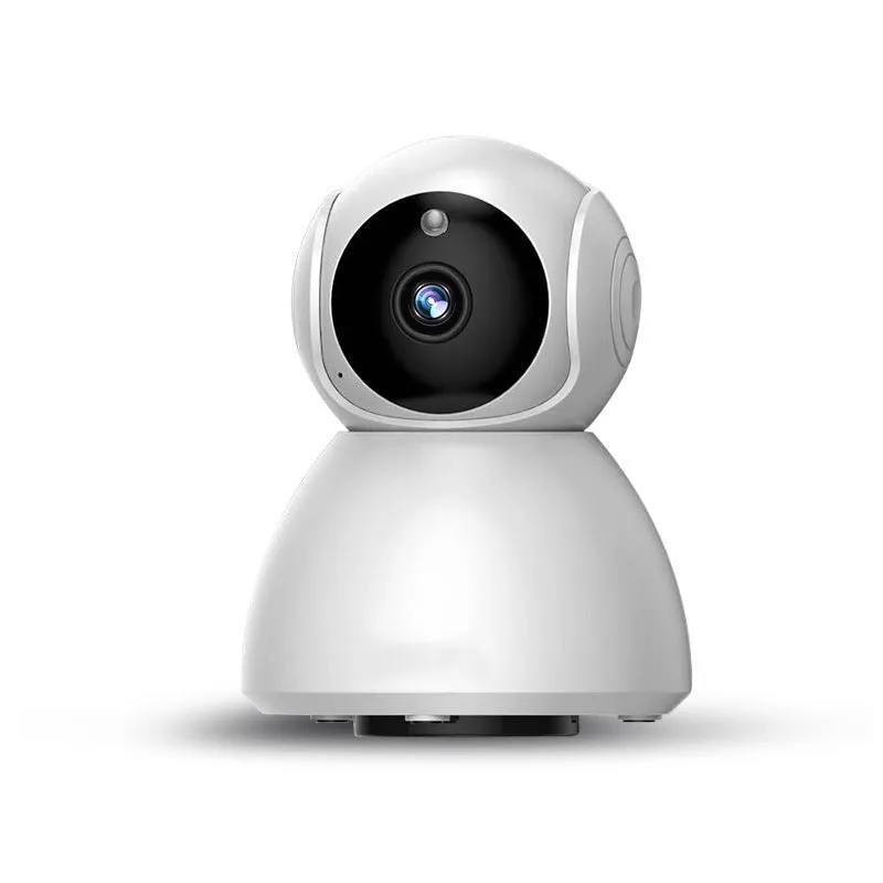 White wireless indoor security camera with 1080P HD resolution and hemispherical design on white background