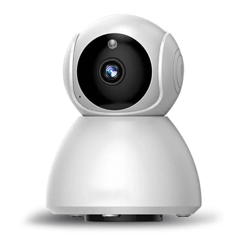 White wireless indoor security camera with 1080P HD resolution and hemispherical design on white background
