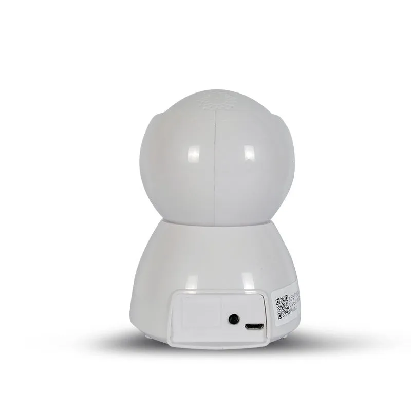 White wireless indoor security camera with 1080P HD resolution and hemispherical design on white background