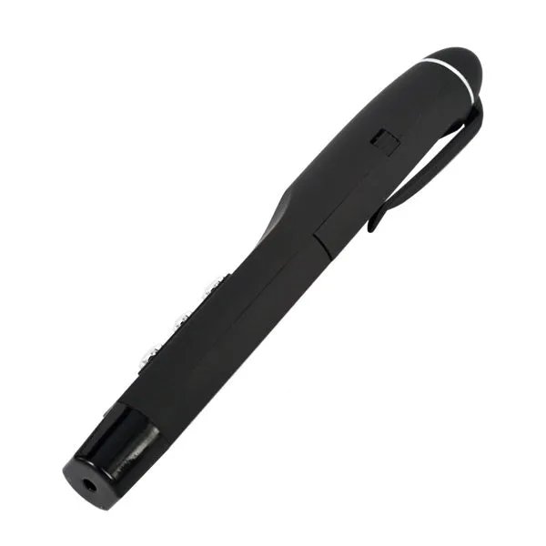 Wireless presenter remote in black molded plastic with USB receiver and red laser pointer