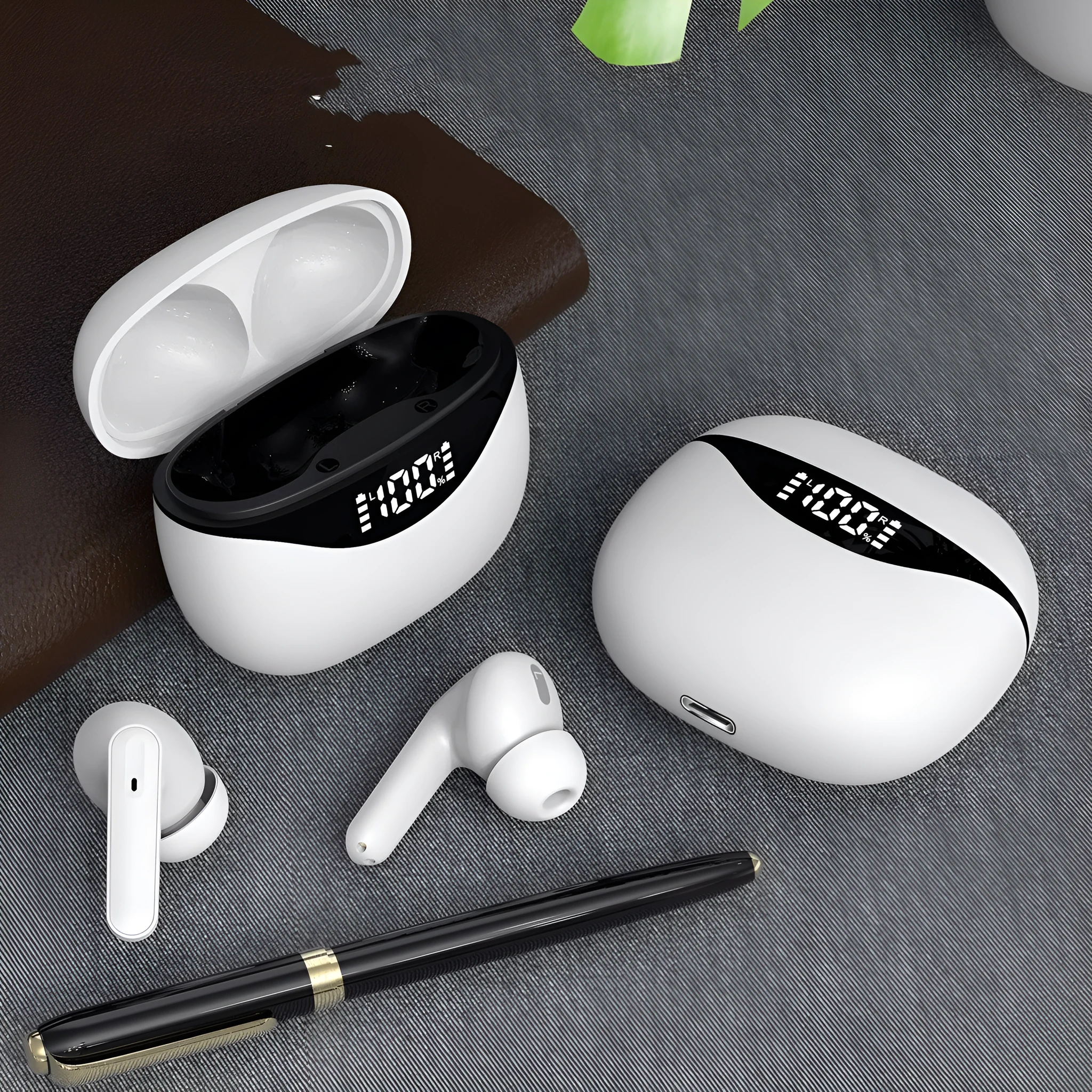 Bluetooth headset with digital display, touch controls, stereo earbuds in black colour