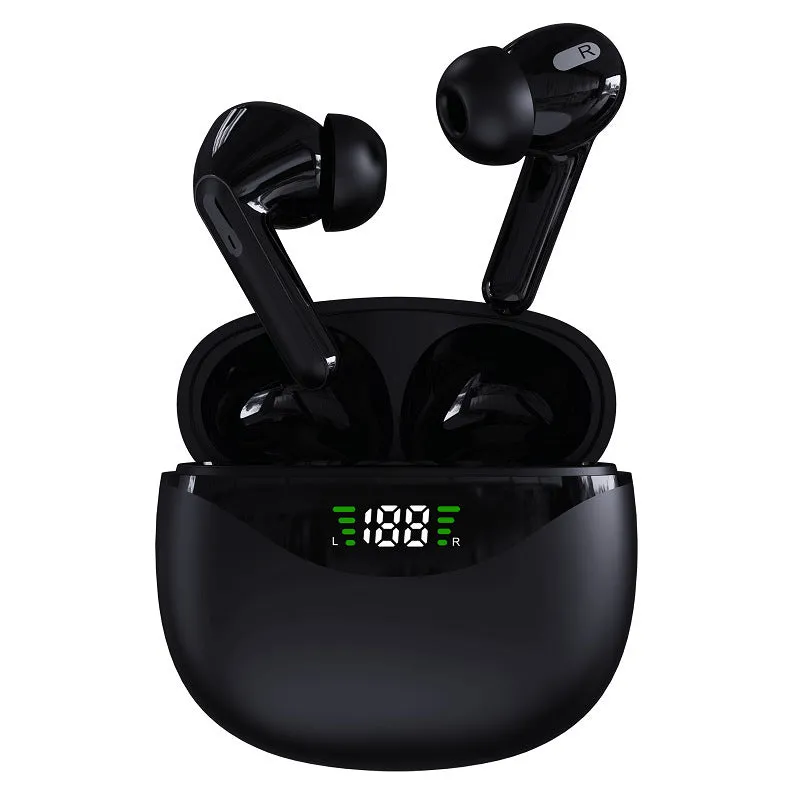 Bluetooth headset with digital display, touch controls, stereo earbuds in black colour