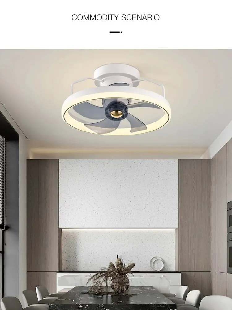 Modern white ceiling fan with integrated light and five blades, shown installed on a ceiling.