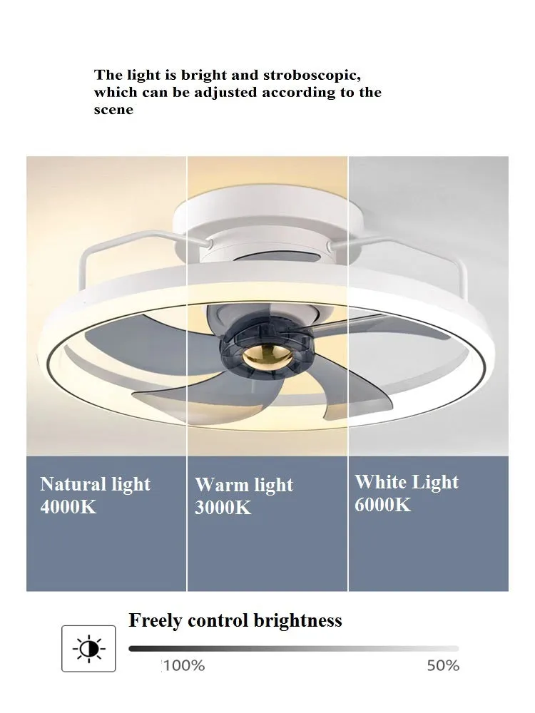 Modern white ceiling fan with integrated light and five blades, shown installed on a ceiling.