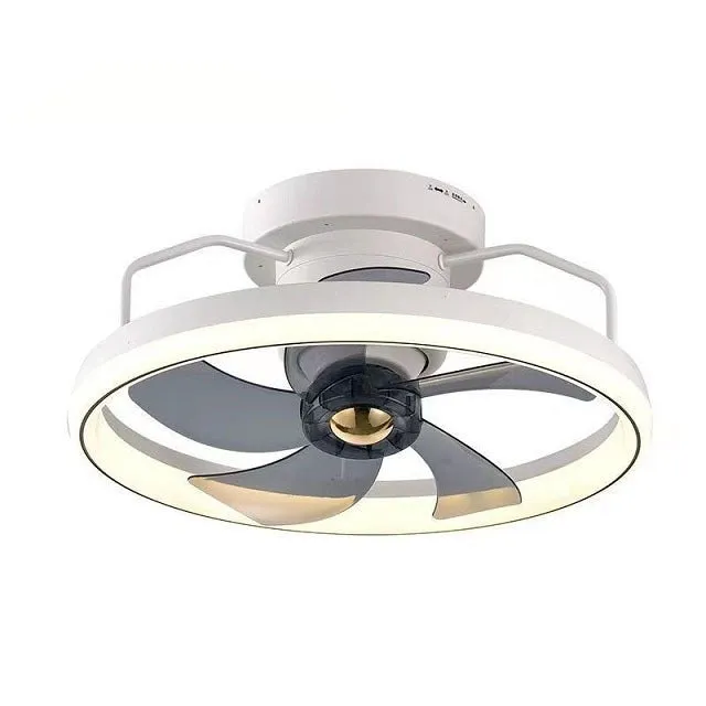Modern white ceiling fan with integrated light and five blades, shown installed on a ceiling.