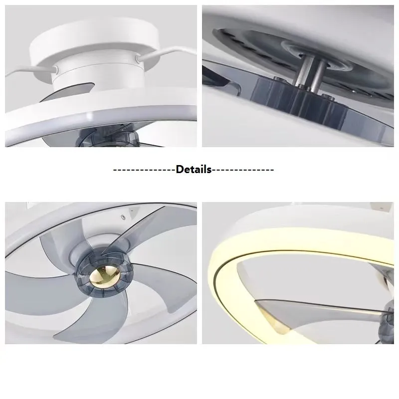 Modern white ceiling fan with integrated light and five blades, shown installed on a ceiling.