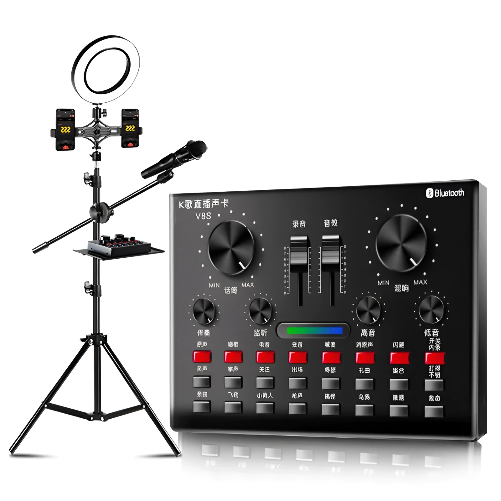 Computer universal capacitor microphone kit with V8S sound card, wireless handheld mic, and earphone in black