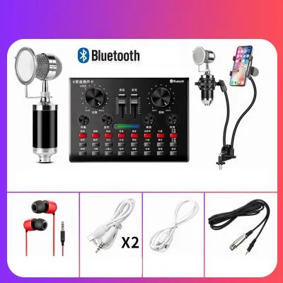 Computer universal capacitor microphone kit with V8S sound card, wireless handheld mic, and earphone in black