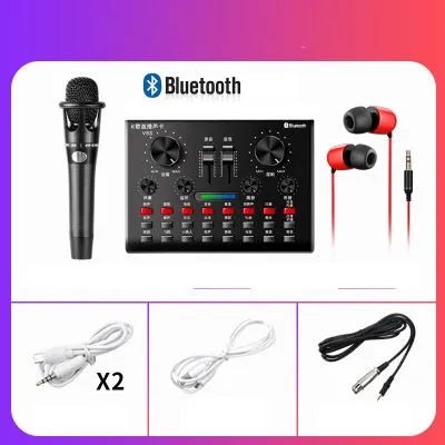 Computer universal capacitor microphone kit with V8S sound card, wireless handheld mic, and earphone in black