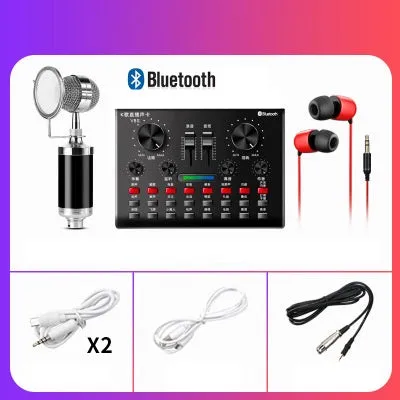 Computer universal capacitor microphone kit with V8S sound card, wireless handheld mic, and earphone in black
