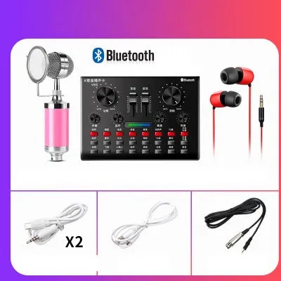 Computer universal capacitor microphone kit with V8S sound card, wireless handheld mic, and earphone in black