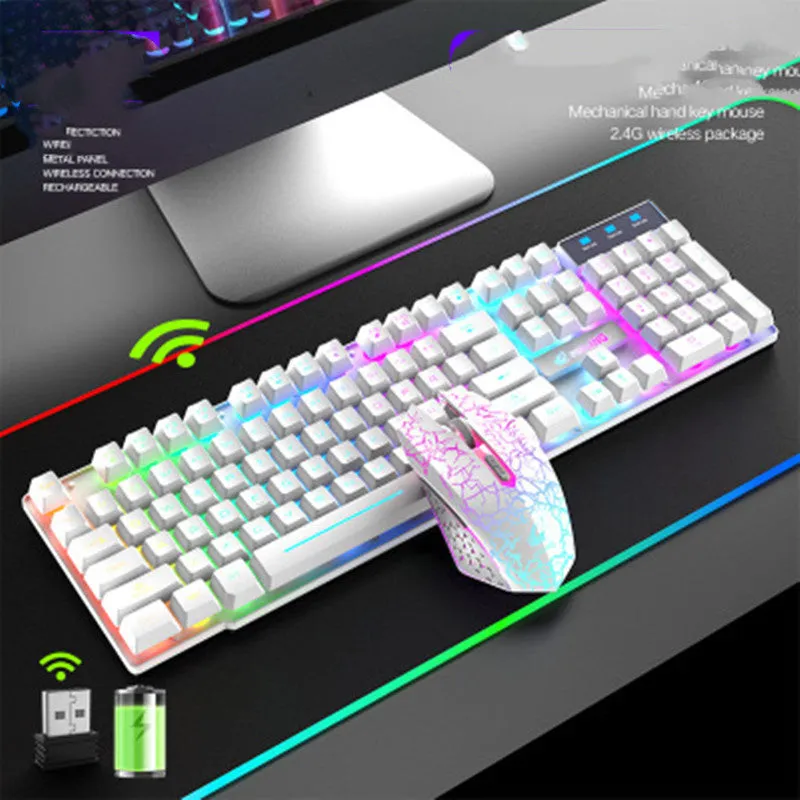 T3 wireless charging keyboard and mouse set with backlit rainbow keys on a desk