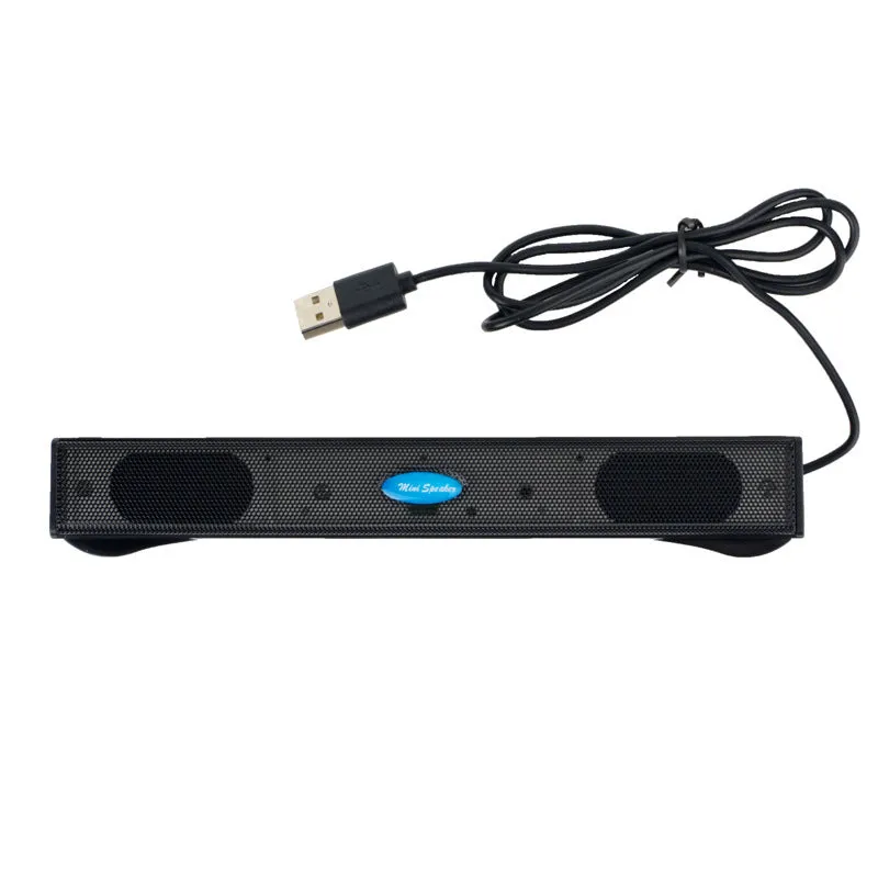 USB laptop desktop computer mini speaker with plastic enclosure, button controls, black colour, 20cm length