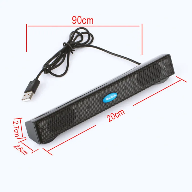 USB laptop desktop computer mini speaker with plastic enclosure, button controls, black colour, 20cm length
