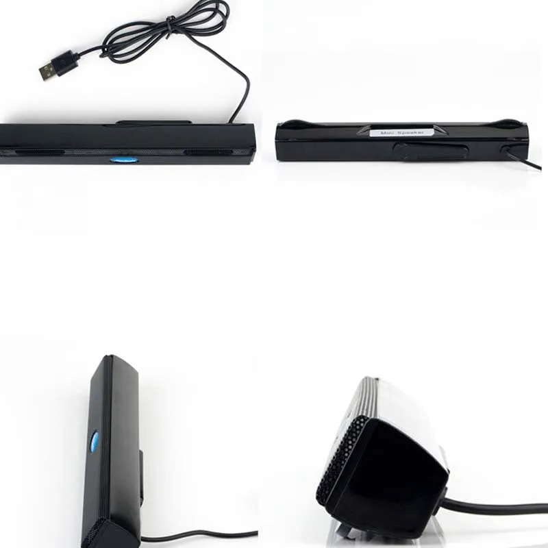 USB laptop desktop computer mini speaker with plastic enclosure, button controls, black colour, 20cm length