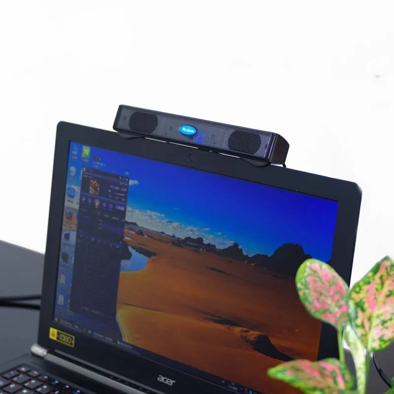 USB laptop desktop computer mini speaker with plastic enclosure, button controls, black colour, 20cm length