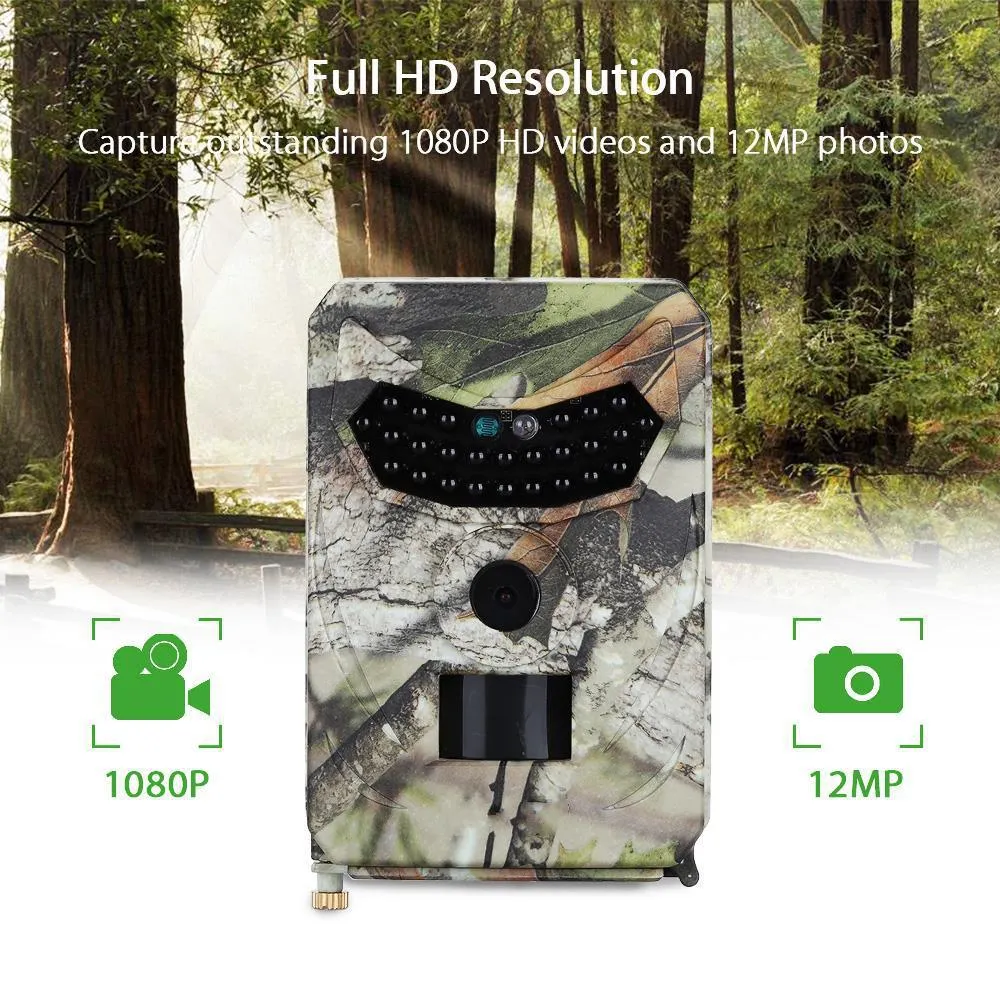 JPEG Trail Wildlife Camera 20MP with camouflage finish, wide-angle lens, and infrared LEDs for outdoor night vision monitoring