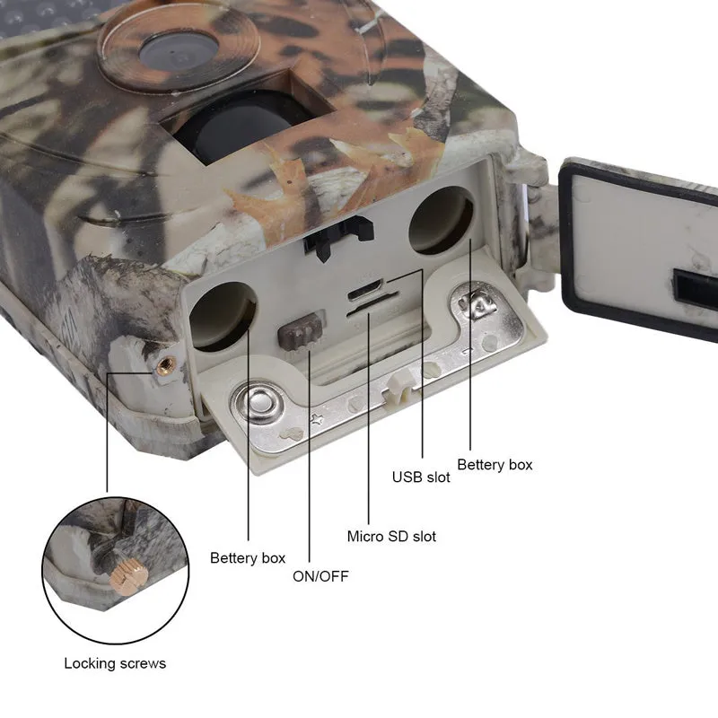 JPEG Trail Wildlife Camera 20MP with camouflage finish, wide-angle lens, and infrared LEDs for outdoor night vision monitoring