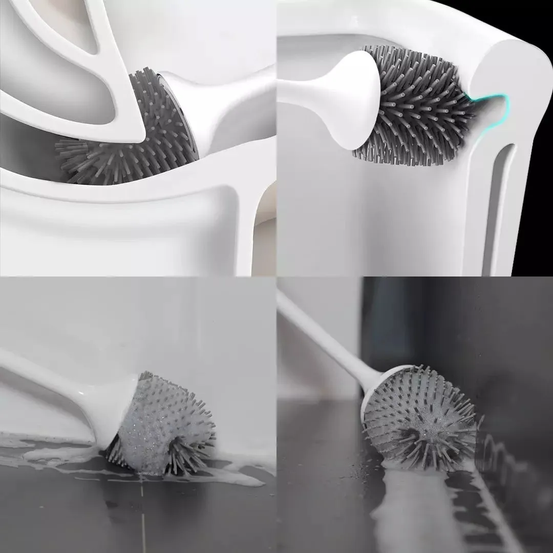 White wireless electric toilet brush with rotating head, ABS body, USB charging base, and PP brush on a bathroom floor