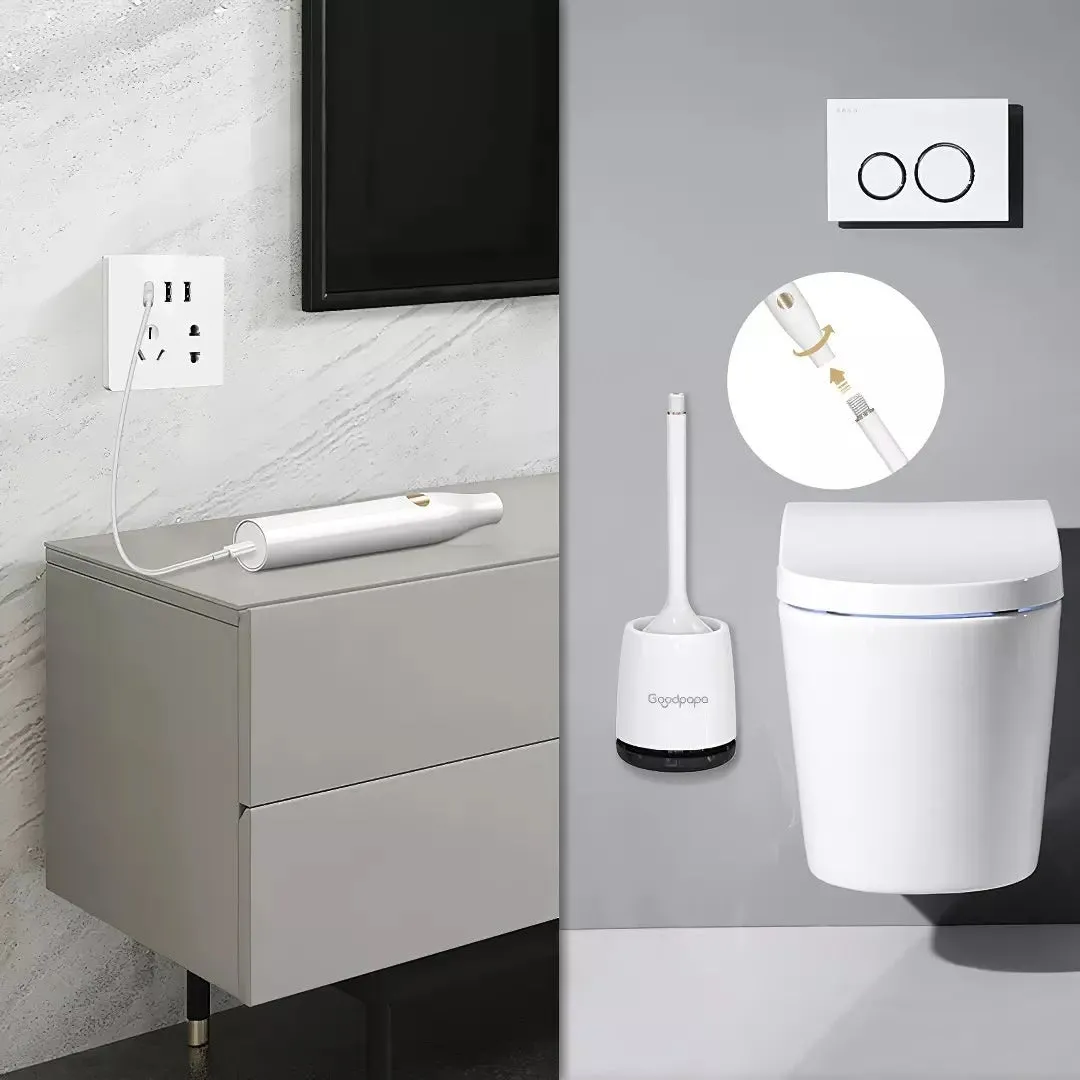 White wireless electric toilet brush with rotating head, ABS body, USB charging base, and PP brush on a bathroom floor