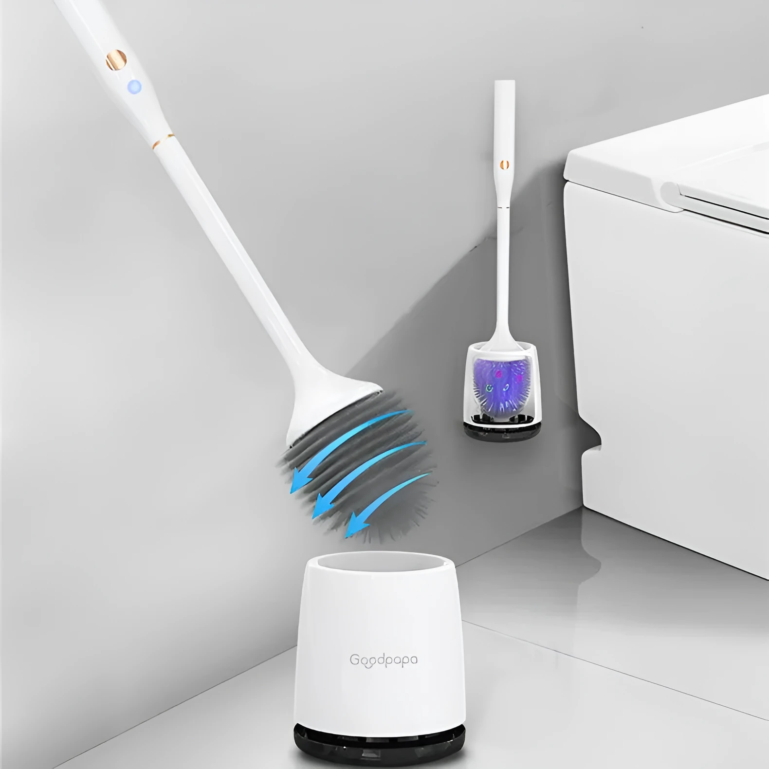 White wireless electric toilet brush with rotating head, ABS body, USB charging base, and PP brush on a bathroom floor