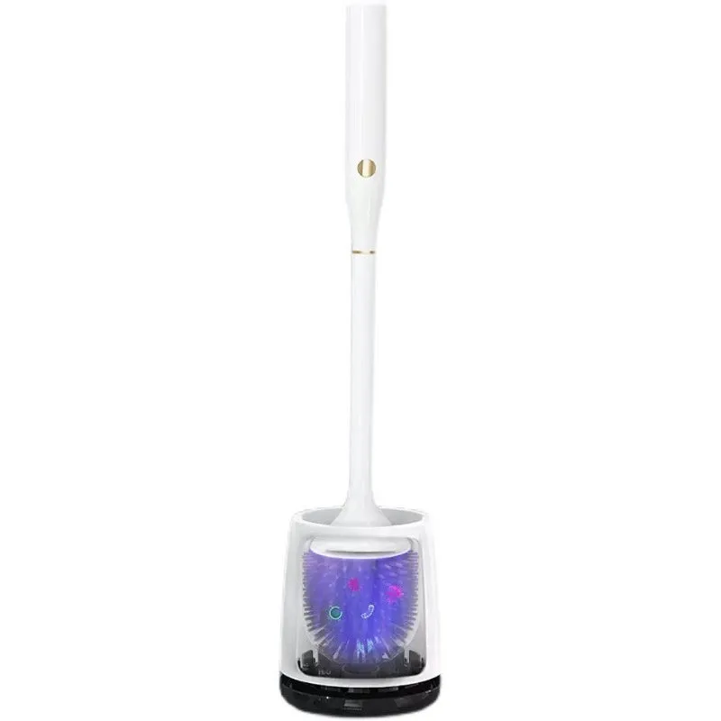 White wireless electric toilet brush with rotating head, ABS body, USB charging base, and PP brush on a bathroom floor