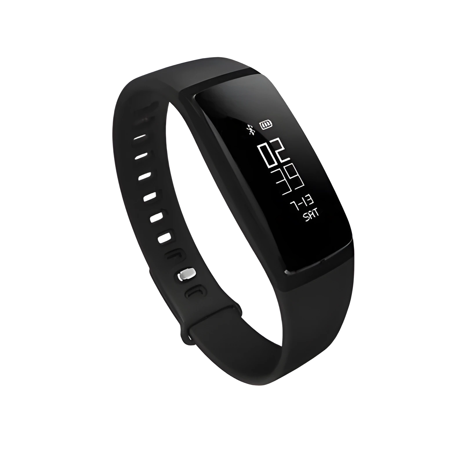 Smart band fitness tracker with OLED screen and black band on a white background