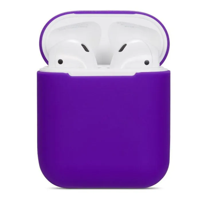 Soft silicone protective case for Apple AirPods charging case in multiple colours including black, grey, pink, and blue.