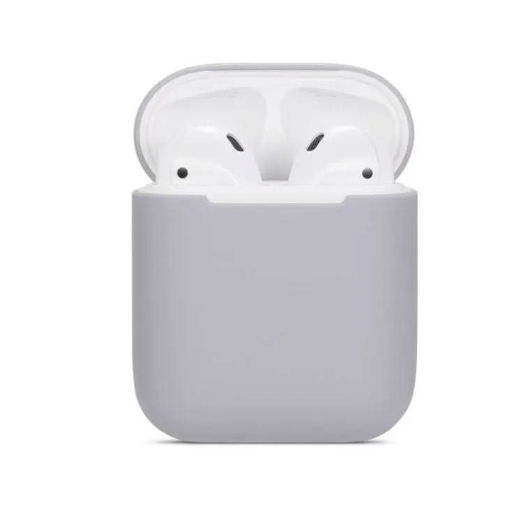 Soft silicone protective case for Apple AirPods charging case in multiple colours including black, grey, pink, and blue.