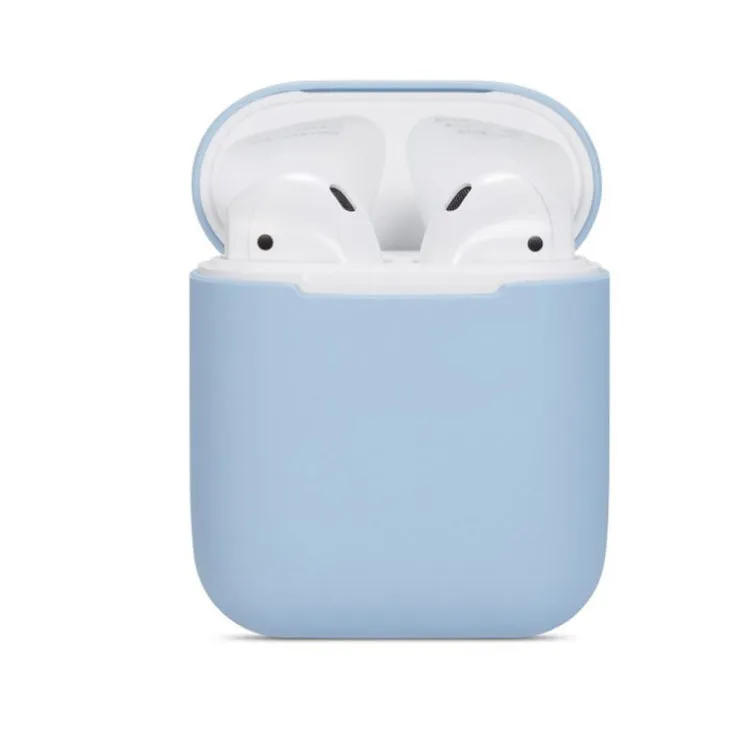 Soft silicone protective case for Apple AirPods charging case in multiple colours including black, grey, pink, and blue.
