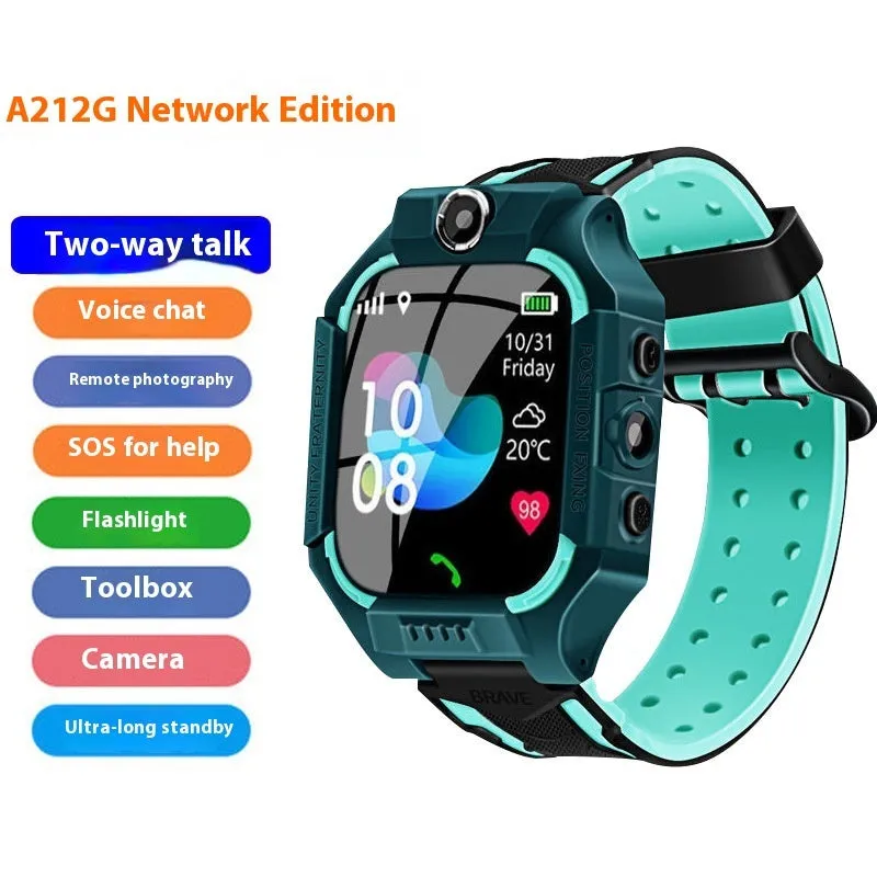 Children's smart watch with dual cameras, SOS button, and touch screen on a child's wrist