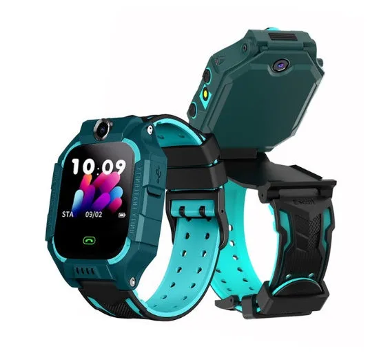 Children's smart watch with dual cameras, SOS button, and touch screen on a child's wrist