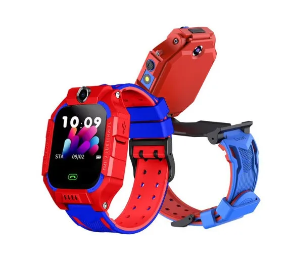 Children's smart watch with dual cameras, SOS button, and touch screen on a child's wrist