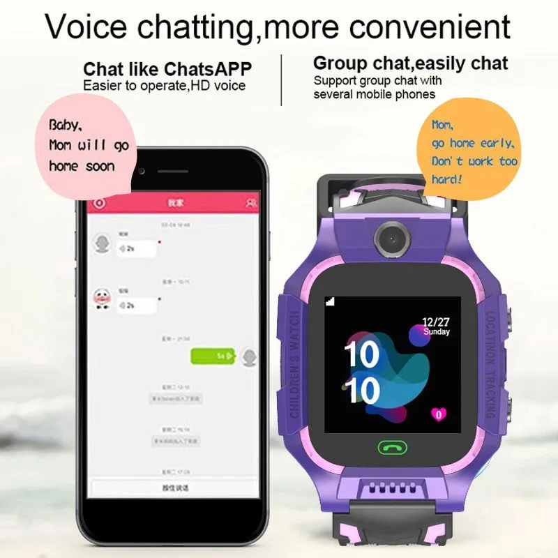 Children's smart watch with dual cameras, SOS button, and touch screen on a child's wrist