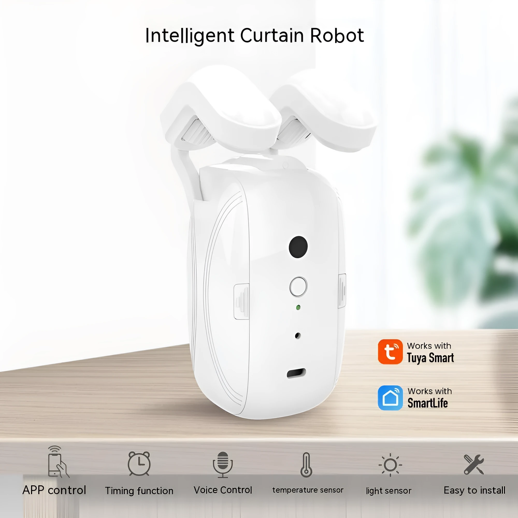 White WiFi smart curtain robot for Roman rod rails with 4000mAh battery and USB charging