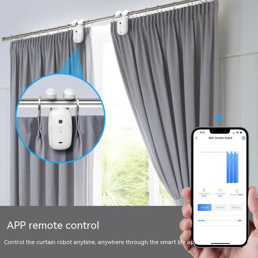 White WiFi smart curtain robot for Roman rod rails with 4000mAh battery and USB charging