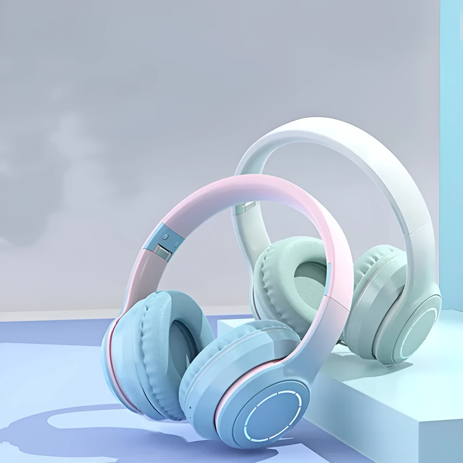Gradient foldable wireless Bluetooth headset in blue with ear cushions and padded headband
