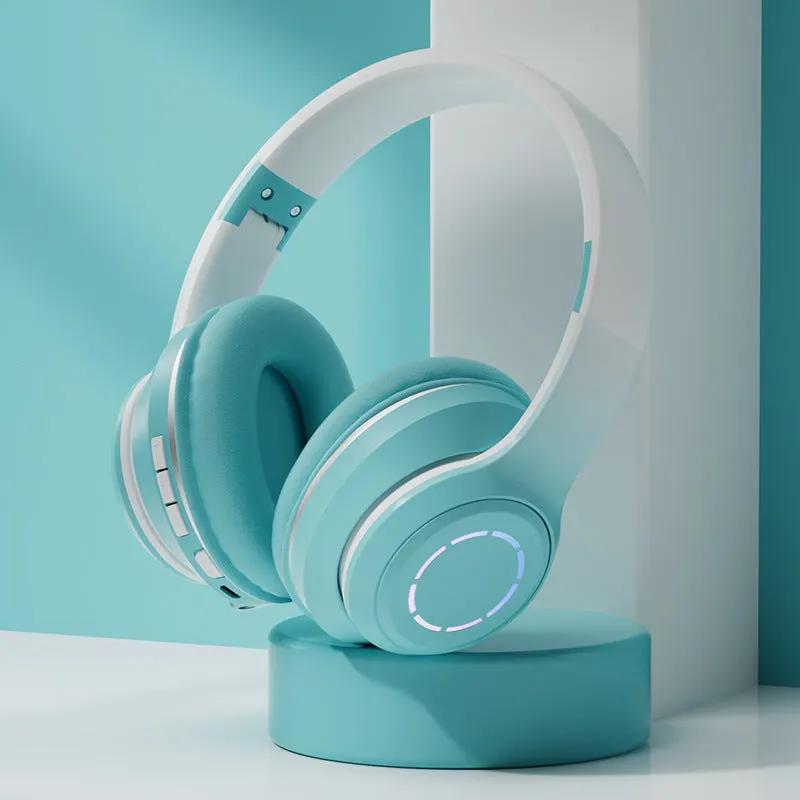 Gradient foldable wireless Bluetooth headset in blue with ear cushions and padded headband