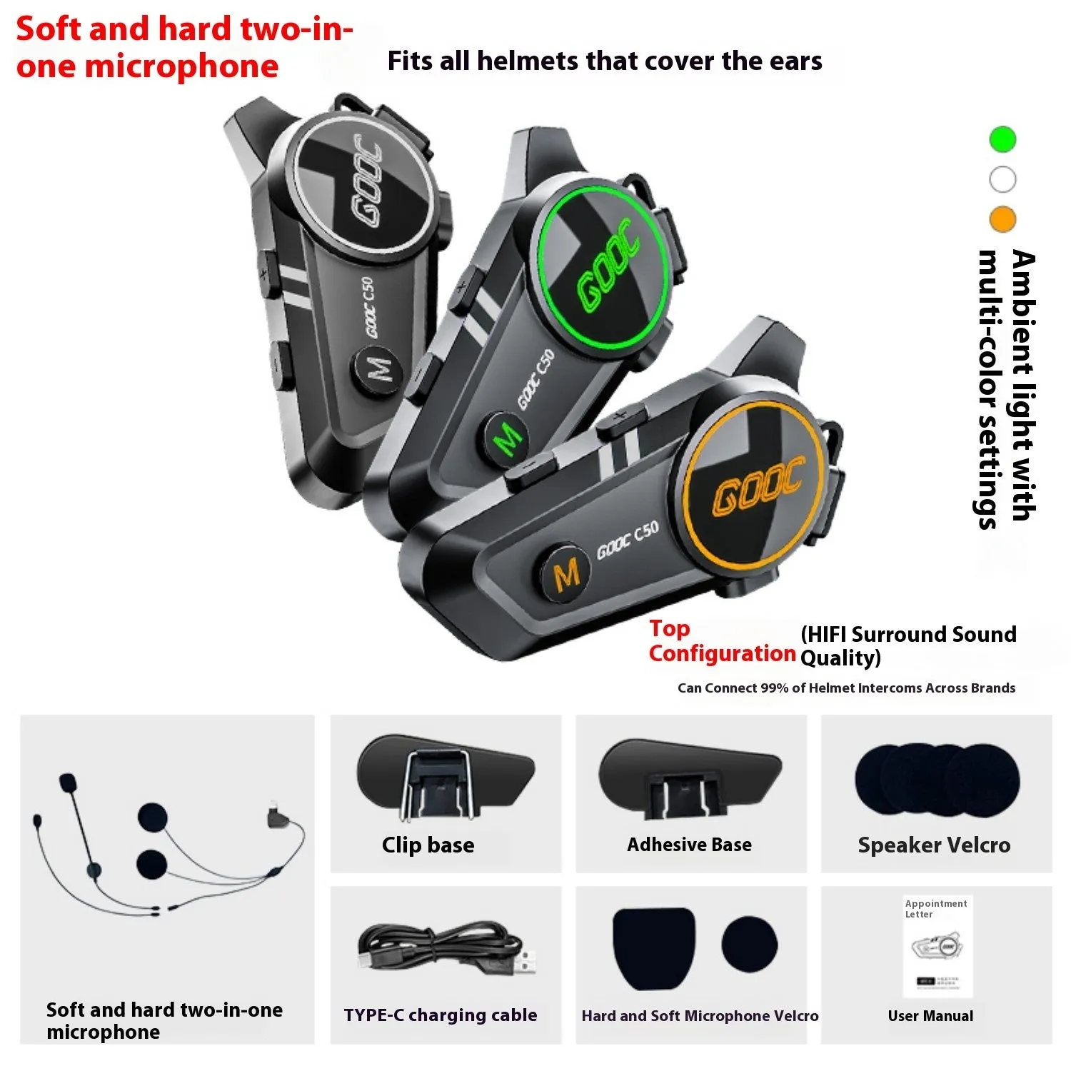 C50 wireless intercom earphone with ABS silicone construction, 1100mA battery, and TYPE-C charging for full and half helmets