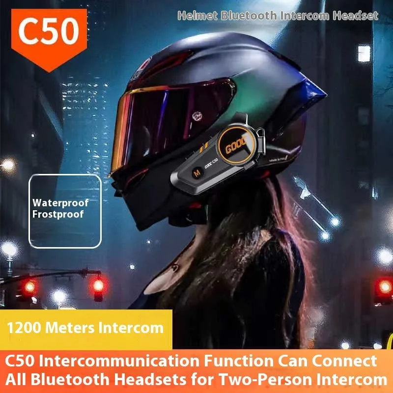 C50 wireless intercom earphone with ABS silicone construction, 1100mA battery, and TYPE-C charging for full and half helmets