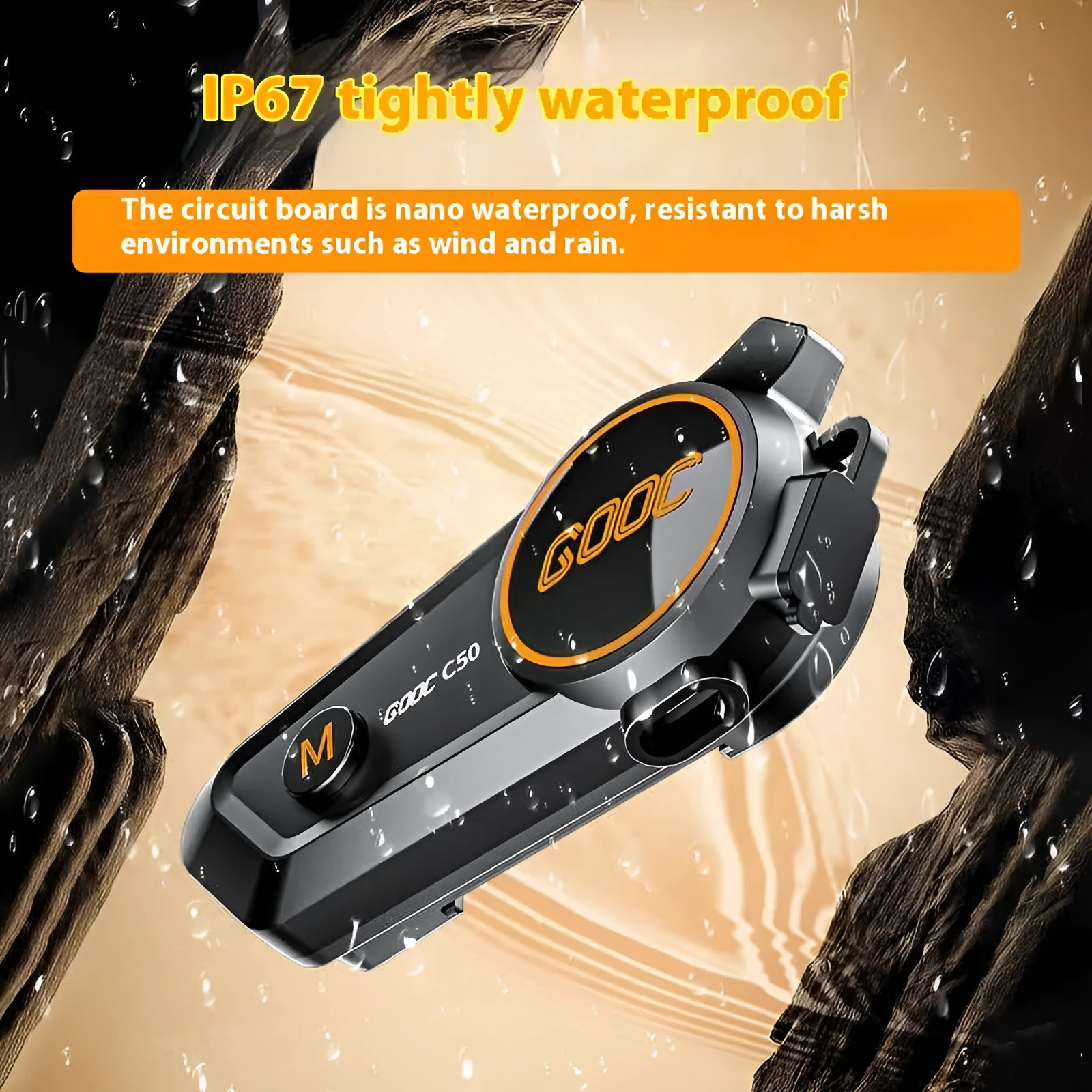C50 wireless intercom earphone with ABS silicone construction, 1100mA battery, and TYPE-C charging for full and half helmets