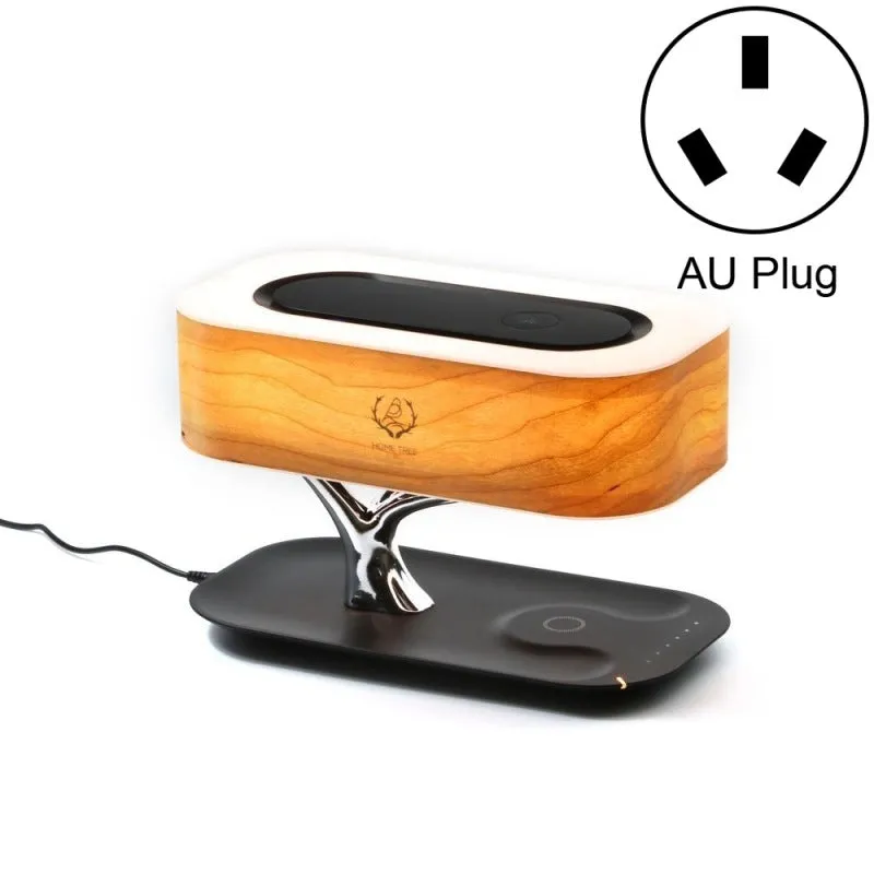 Creative Tree Light Table Lamp with Bluetooth speaker, wireless charger, natural cherry veneer lampshade, tree-shaped support